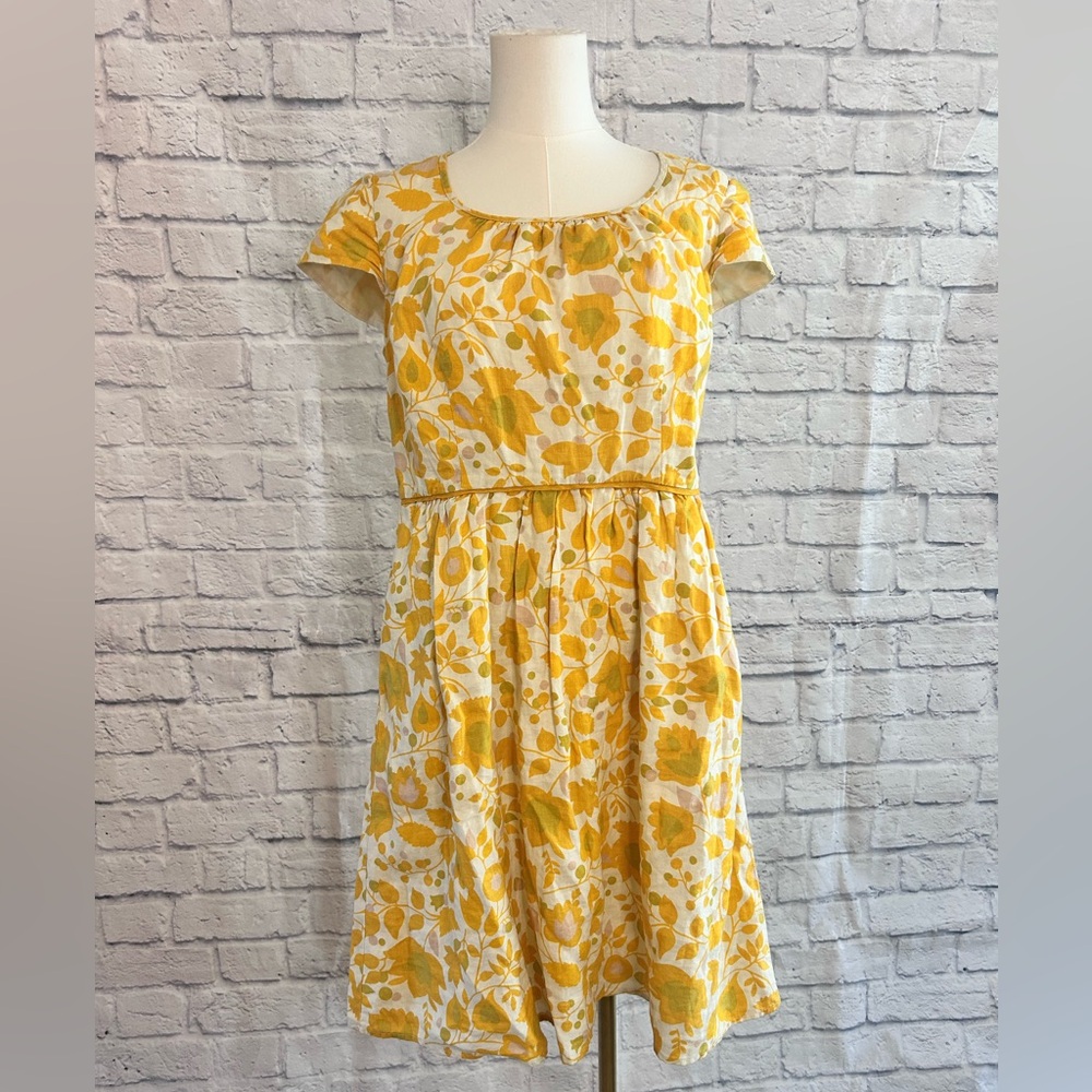 Boden Floral Dress 100% Linen Yellow & White Garden Girly Geek Chic Nerd - Picture 2 of 12